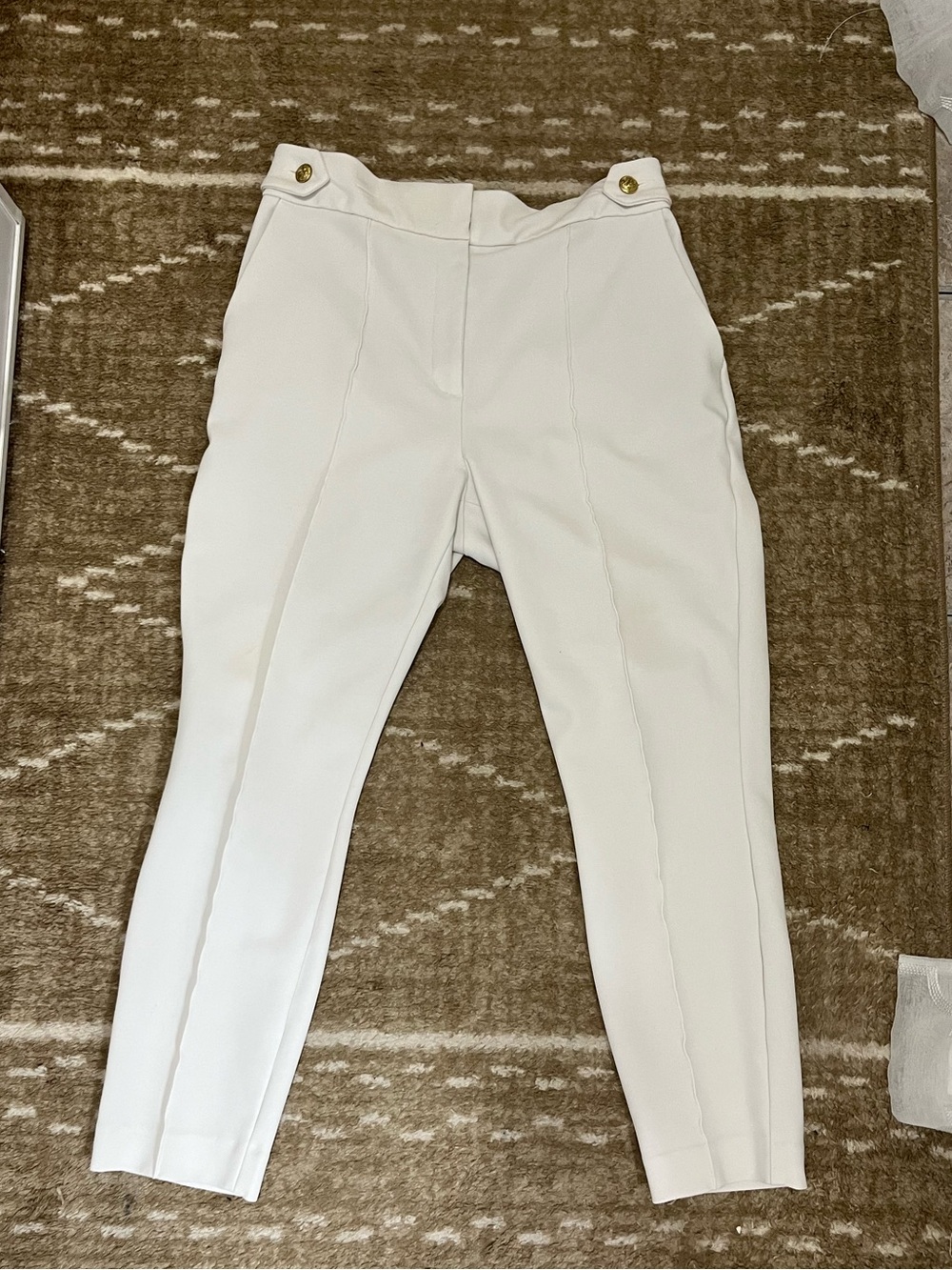 Express White High-Rise Ankle Ponte Pants with Gold Button Detail